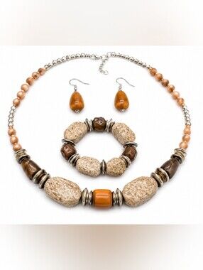 3-Piece Brown & Beige Natural Stone Beaded Jewelry Set Necklace Bracelet Earring